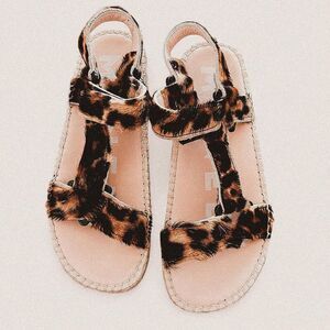 Manebi Women's Brown Calf Hair Leopard Espadrille Strappy Flat Sandals 7